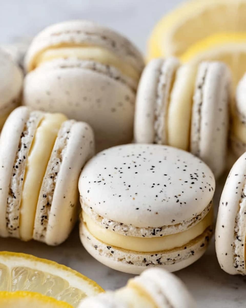 A white tray filled with three rows of lemon poppy seed macarons. Each macaron has two pale yellow, speckled shells with a smooth texture, sandwiching a creamy, light yellow filling. The macarons are arranged neatly, with two lemon halves placed in the tray: one at the top left and one near the bottom center. The lemon halves show bright yellow rind and pale lemon flesh with small black poppy seeds scattered on both the macarons and lemon slices. The background is a white marbled texture. Photo taken with an iphone --ar 4:5 --v 7