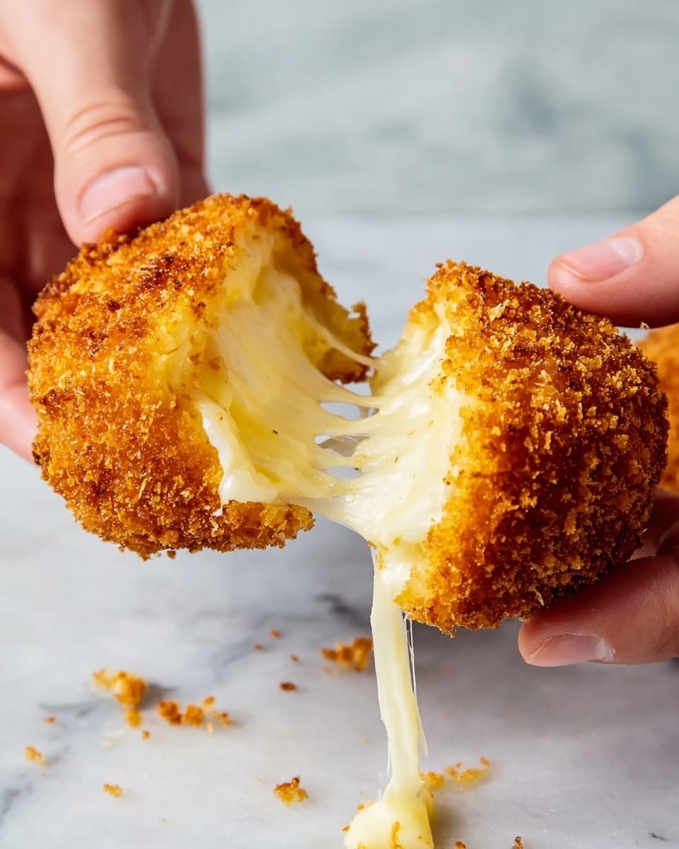 A close-up image of two breaded croquette halves being pulled apart by a pair of hands, revealing smooth and stretchy melted cheese inside. The croquette has a crispy golden brown outer layer with a coarse texture, while the inside is creamy and pale yellow with visible cheese strings stretching between the halves. The background shows a white marbled surface with a few crumbs scattered around. photo taken with an iphone --ar 4:5 --v 7