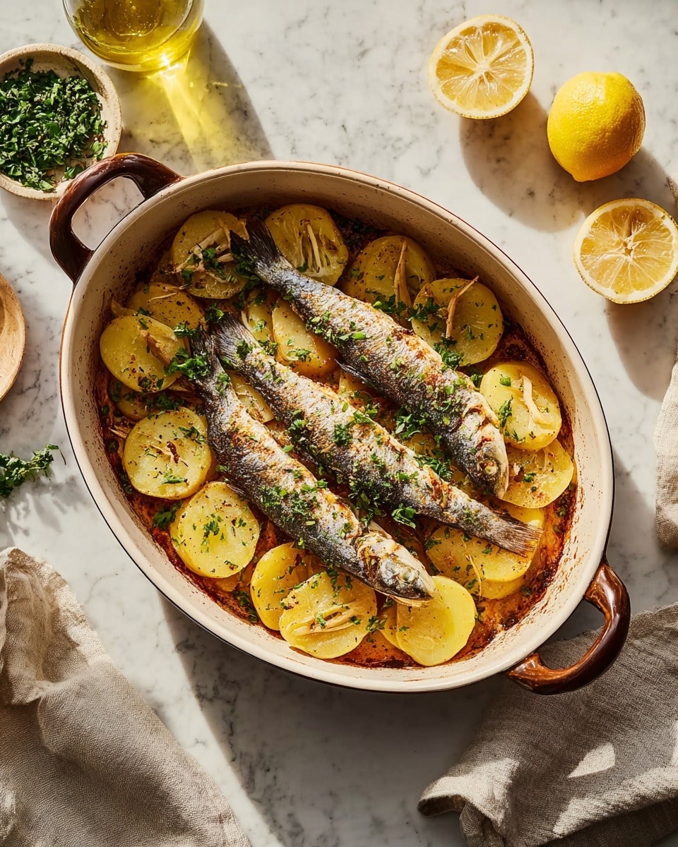 A round white ceramic baking dish with reddish-brown handles contains three whole cooked fish arranged side by side on a layer of golden roasted potato slices. The fish have browned, slightly crispy skin with light charring, and the potatoes are thick round slices with a soft texture and some crisp edges. Green chopped herbs are sprinkled over the fish and potatoes, adding a fresh contrast. The dish sits on a white marbled textured surface, accompanied by a bottle of olive oil casting a shadow to the top right, some lemon wedges with bright yellow and white flesh, and a folded beige cloth napkin to the bottom right. photo taken with an iphone --ar 4:5 --v 7