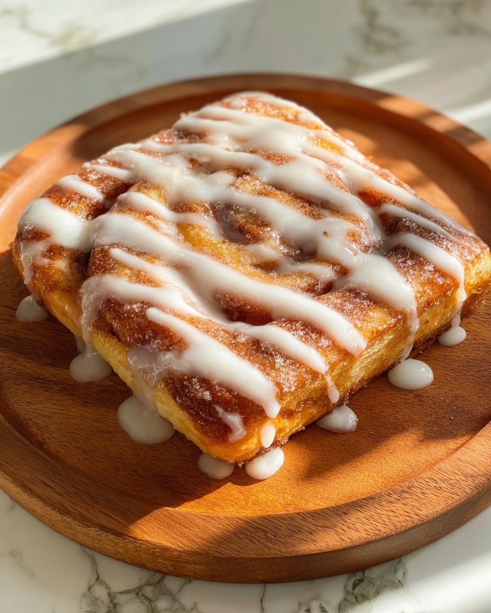 A square cinnamon roll sits on a round wooden board, showing one thick golden-brown baked layer with caramelized cinnamon sugar patches spread unevenly across the surface. White icing is drizzled loosely over the top in wide, irregular stripes, some dripping off the edges onto the wooden board beneath. The cinnamon roll looks soft with a slightly crisp outer crust and a textured sugar coating layered lightly above the dough. The scene is set on a white marbled texture that catches natural sunlight, highlighting the warm tones and creamy icing details. photo taken with an iphone --ar 4:5 --v 7