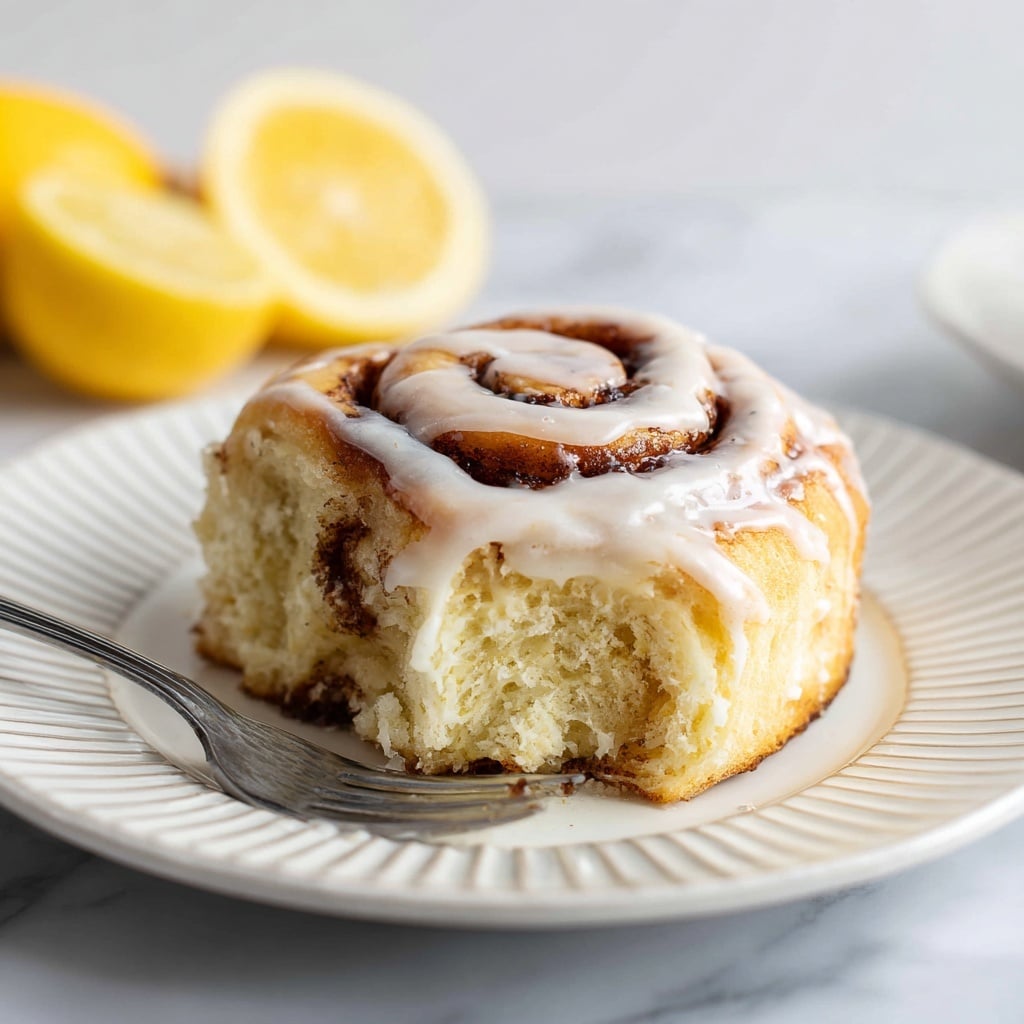A close-up of a cinnamon roll on a white plate with a ribbed design, showing three visible layers: the soft, golden-brown bread base, a middle spiral layer of darker cinnamon filling, and a thick top layer of creamy, shiny white glaze that drips slightly into the swirl. The texture is soft and gooey, with the glaze giving a glossy finish. A small fork is placed on the plate near the bottom left, with a piece of the roll on its tip. In the blurred background, yellow lemon halves add a bright contrast, all set on a white marbled surface. Photo taken with an iphone --ar 4:5 --v 7
