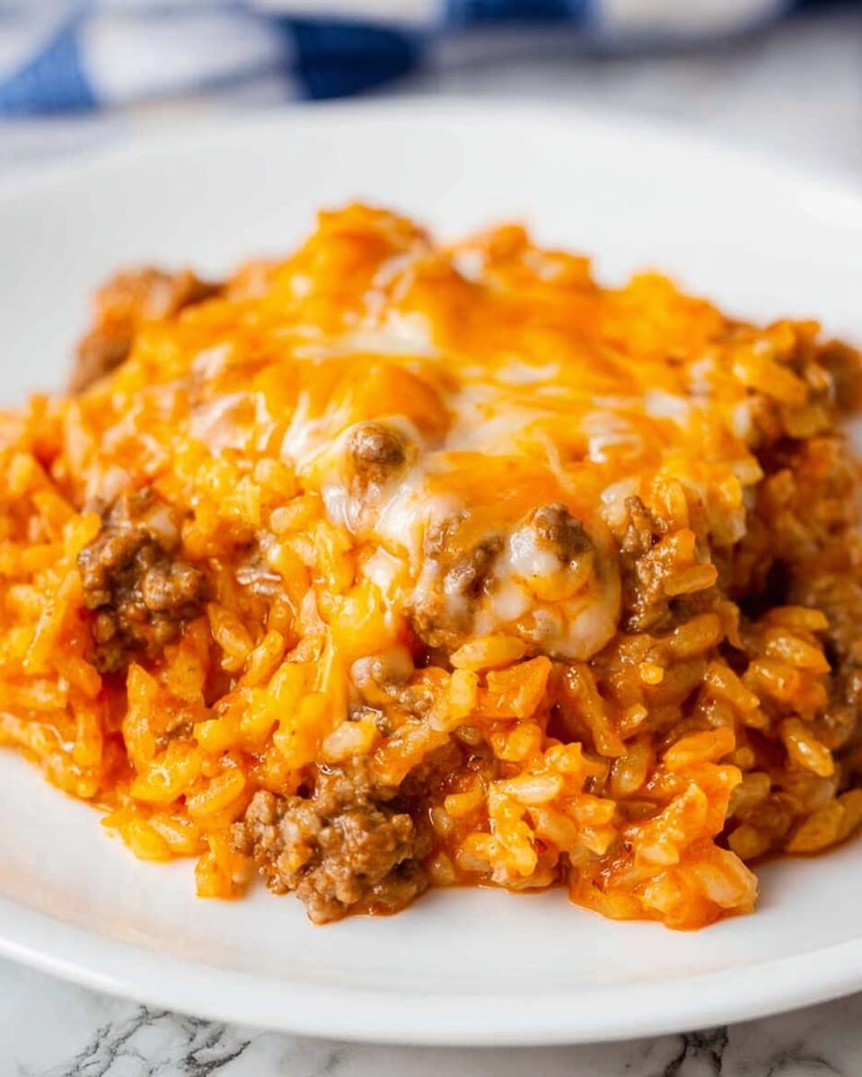 The dish shows a single thick layer of cheesy ground beef mix with melted orange and white cheese on top, creating a slightly gooey and textured surface. The ground beef is brown and mixed with an orange sauce binding the mixture together. The food sits on a white plate, placed on a white marbled textured surface with some white cloth blurred in the background. photo taken with an iphone --ar 4:5 --v 7