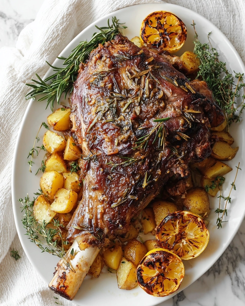 A large cooked lamb shank is placed in the center of a white plate. It has a browned and slightly crispy surface with visible rosemary pieces scattered on top. Underneath and around the shank are golden roasted potato chunks and slices, some showing light browning. There are two pieces of grilled lemon halves with a caramelized look, placed on the top left and bottom right of the lamb. Fresh green rosemary and thyme sprigs lie beside the lamb, adding a touch of color. The plate is set on a white marbled texture surface with a white cloth partially visible in the top left corner. photo taken with an iphone --ar 4:5 --v 7