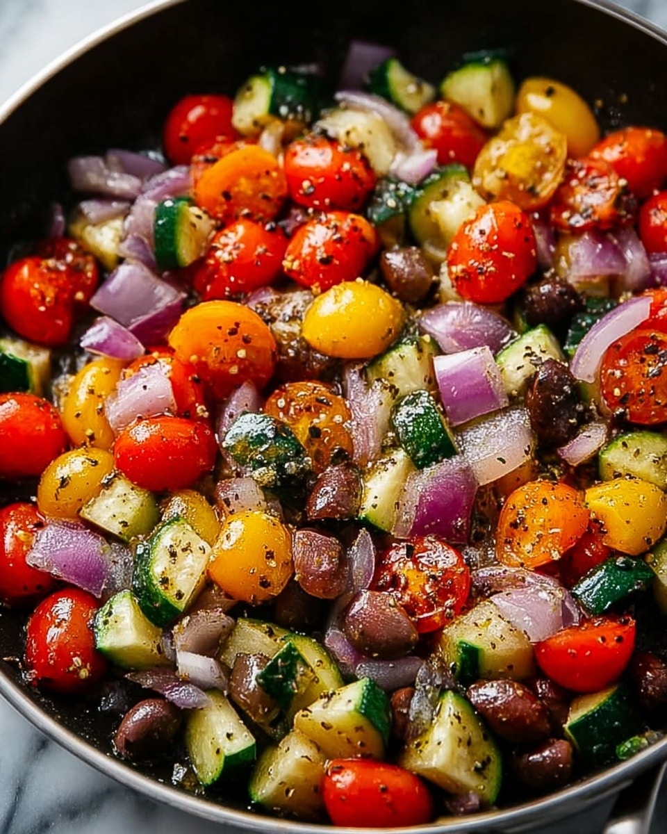 There are three long zucchini halves placed side by side inside a dark baking tray. Each zucchini half has three layers: the base is the green skin and pale green inside of the zucchini, filled with a melted yellow and white cheese layer that is bubbly and browned on top. On top of the cheese, there are halved red cherry tomatoes, small round dark brown olives, and white crumbled cheese pieces. The dish is sprinkled with chopped green herbs across all zucchini halves. The tray rests on a white marbled surface, with some blurred green herbs and tomatoes in the background. photo taken with an iphone --ar 4:5 --v 7