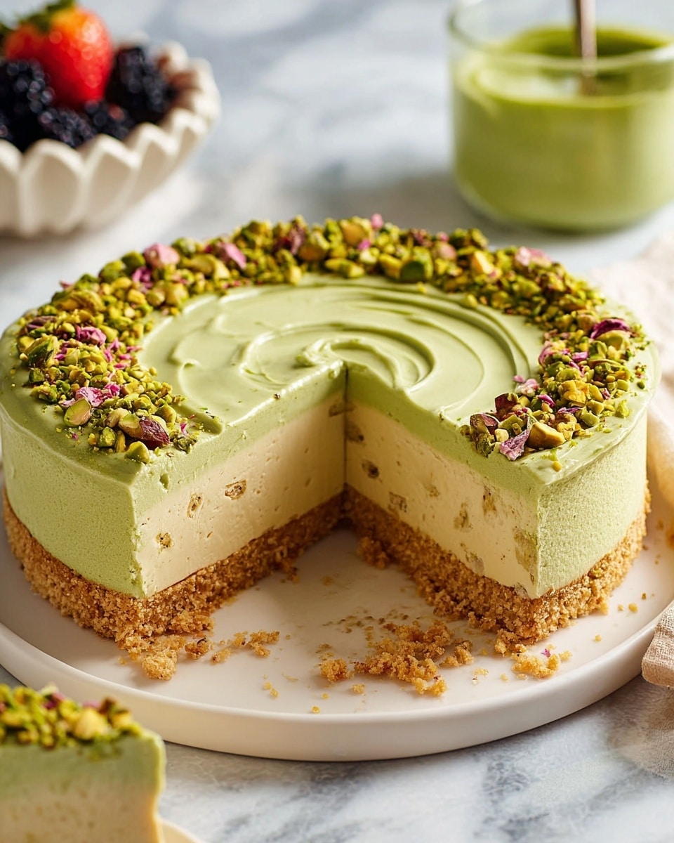 The image shows a round cake with three clear layers: the outer crust is thick and crumbly light tan, the middle is a smooth green pistachio cream, and the top layer is a glossy, swirled green pistachio glaze. Around the edge of the top layer, there is a ring of finely chopped green pistachios mixed with small bits of pink rose petals. The cake sits on a white plate, and whole pistachios are scattered on a white marbled surface around it. In the background, there is a small white bowl with mixed berries and white plates stacked with silver forks, plus a small glass bowl filled with green pistachio cream. photo taken with an iphone --ar 4:5 --v 7