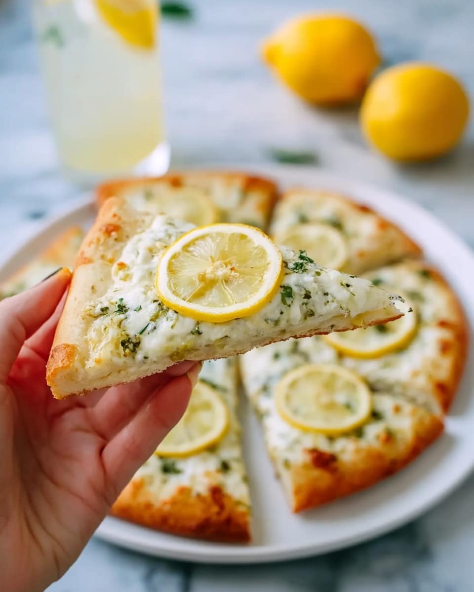 A round pizza with a thick, golden-brown crust sits on a white plate placed on a white marbled surface. The pizza has one main layer of melted white cheese covering the entire surface, sprinkled with green herbs. On top, there are five thin, circular lemon slices spaced evenly across the pizza, each showing the detailed texture of the lemon flesh and rind. Around the plate are fresh green parsley leaves and several lemon wedges, adding color and freshness to the scene. Photo taken with an iphone --ar 4:5 --v 7