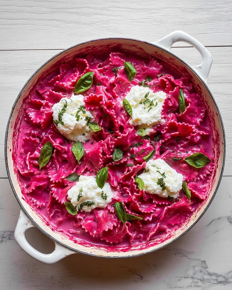 A white round pan filled with pasta coated in a bright pink creamy sauce, with the pasta having a wavy texture and arranged loosely covering the base of the pan. On top, there are three uneven dollops of white cream placed near the center. Scattered around the cream are several small fresh green basil leaves adding contrast to the pink sauce. The pan is placed on a light wooden surface. photo taken with an iphone --ar 4:5 --v 7