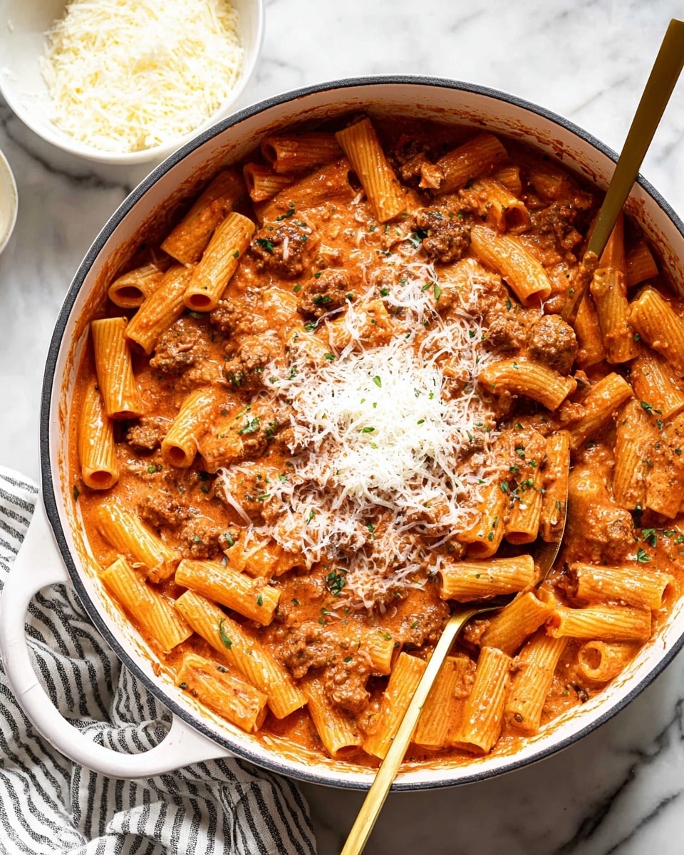 A large white pot filled with rigatoni pasta covered in a thick, creamy red sauce mixed with browned sausage bits and small green herbs. The pasta is topped with a pile of finely grated white cheese mostly in the center, melting slightly into the sauce. Two gold serving spoons rest inside the pot, one scooping up pasta. In the background, a small white bowl filled with more grated cheese sits on a white marbled surface, along with a white and black striped cloth napkin at the bottom right corner. The scene is bright and cozy. photo taken with an iphone --ar 4:5 --v 7