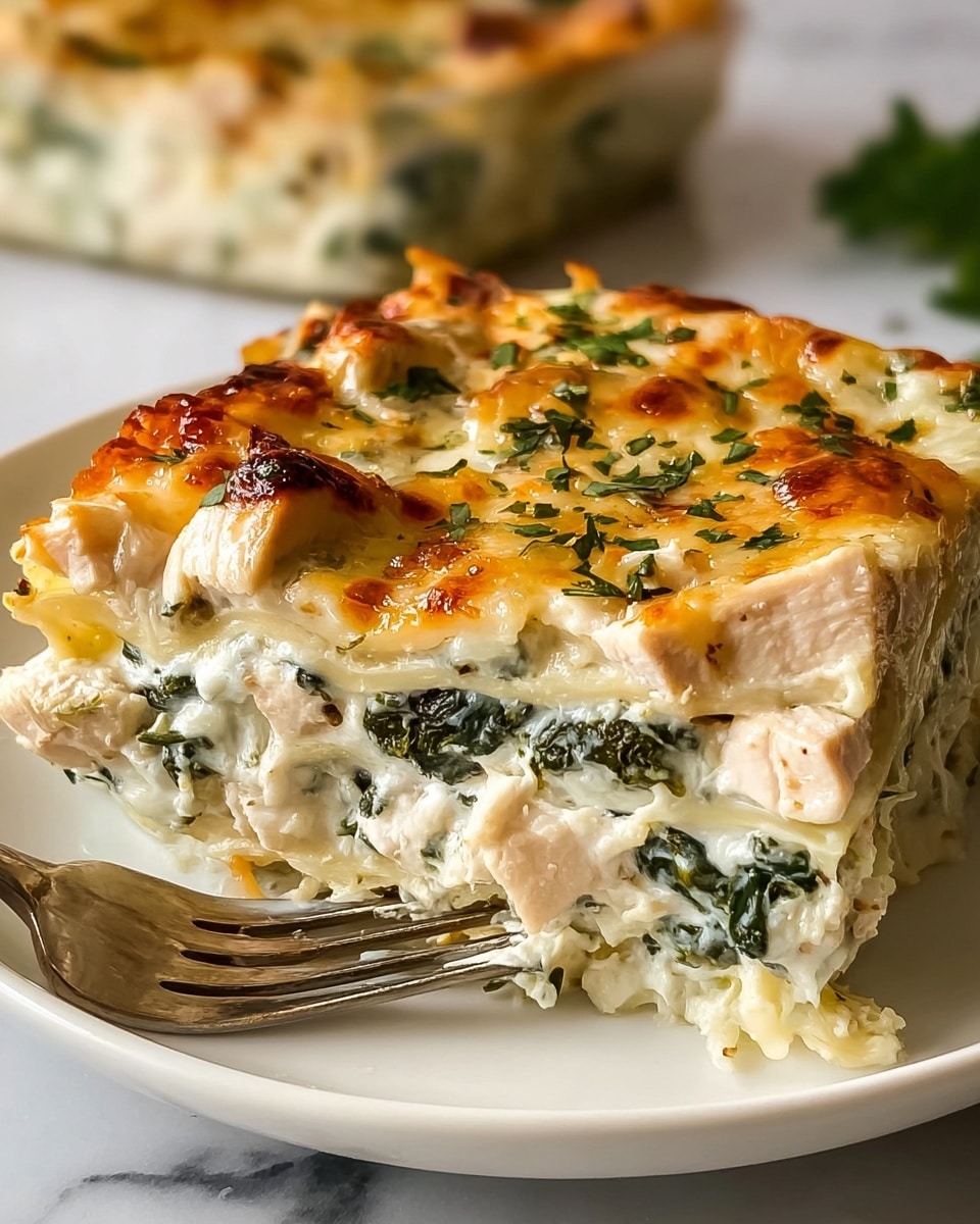 A close-up of a slice of lasagna on a white plate, showing three distinct layers: the bottom layer is a pale noodle sheet, the middle layer is a creamy white mixture with green spinach leaves scattered throughout, and the top layer is melted golden-brown cheese with small pieces of white chicken and sprinkled green herbs. The edges have some browned spots, and the texture looks soft and cheesy, with a fork partially under the slice. The background features a white marbled surface with a soft focus on another slice of lasagna behind. photo taken with an iphone --ar 4:5 --v 7