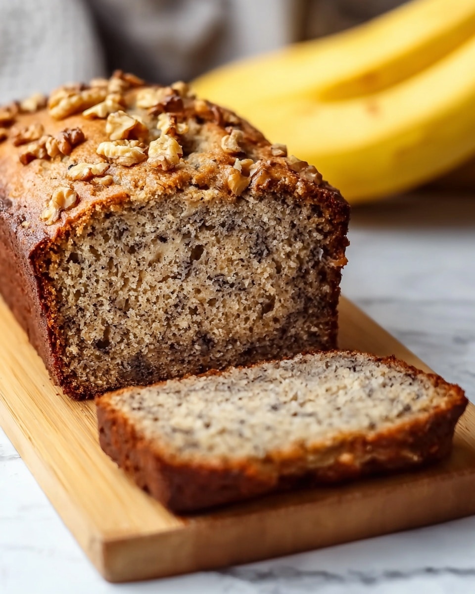 A sliced banana bread loaf rests on a wooden board placed on a white marbled surface, showing its soft, moist inside with small dark specks throughout. The outside crust is golden brown and topped with uneven walnut pieces for a textured look. A few whole bananas with yellow skins are blurred in the background, suggesting the main ingredient. The photo is taken close-up, highlighting the bread’s crumb detail and the rustic wooden board’s smooth, light color. photo taken with an iphone --ar 4:5 --v 7