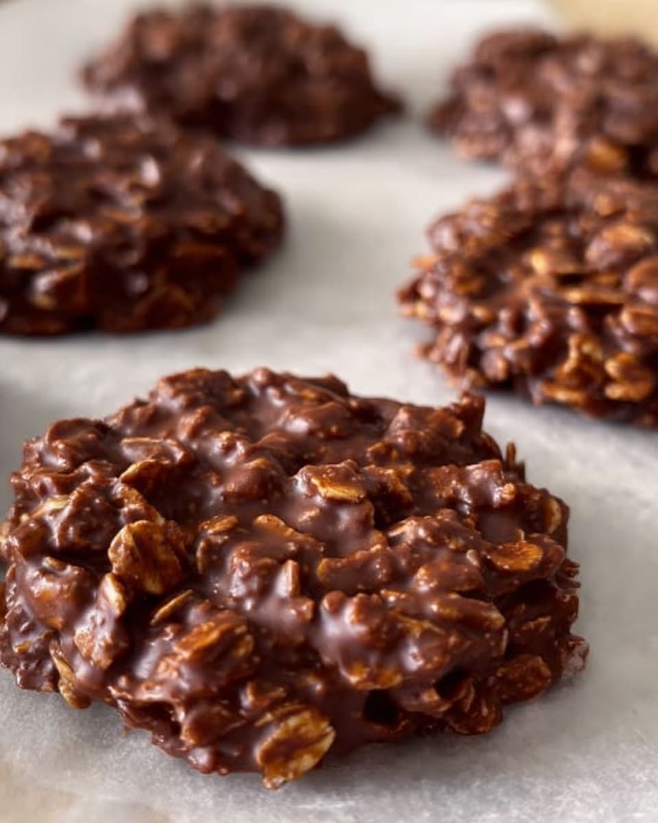 The image shows several dark brown no-bake cookies placed on a white marbled surface covered with white parchment paper. Each cookie is flat and round with an uneven, bumpy texture made from oats mixed in the chocolate, giving them a rough, chunky look. The cookies vary slightly in size and shape, and the chocolate coating appears glossy and thick, holding the oat pieces together. The focus is on the cookie in the front, with others softly blurred in the background. photo taken with an iphone --ar 4:5 --v 7