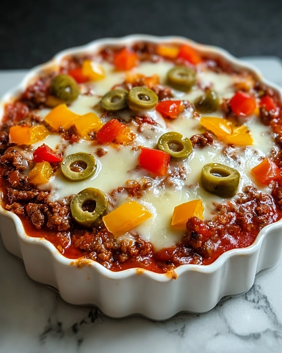 A small round dish with scalloped edges filled with layers of food, starting at the bottom with a rich red tomato sauce, followed by a layer of cooked ground beef that is browned and crumbly, topped with melted white cheese that is slightly golden in spots. On top of the cheese, there are scattered pieces of yellow and red bell peppers adding bright color, and green sliced olives placed evenly around. The dish sits on a white marbled textured surface. photo taken with an iphone --ar 4:5 --v 7