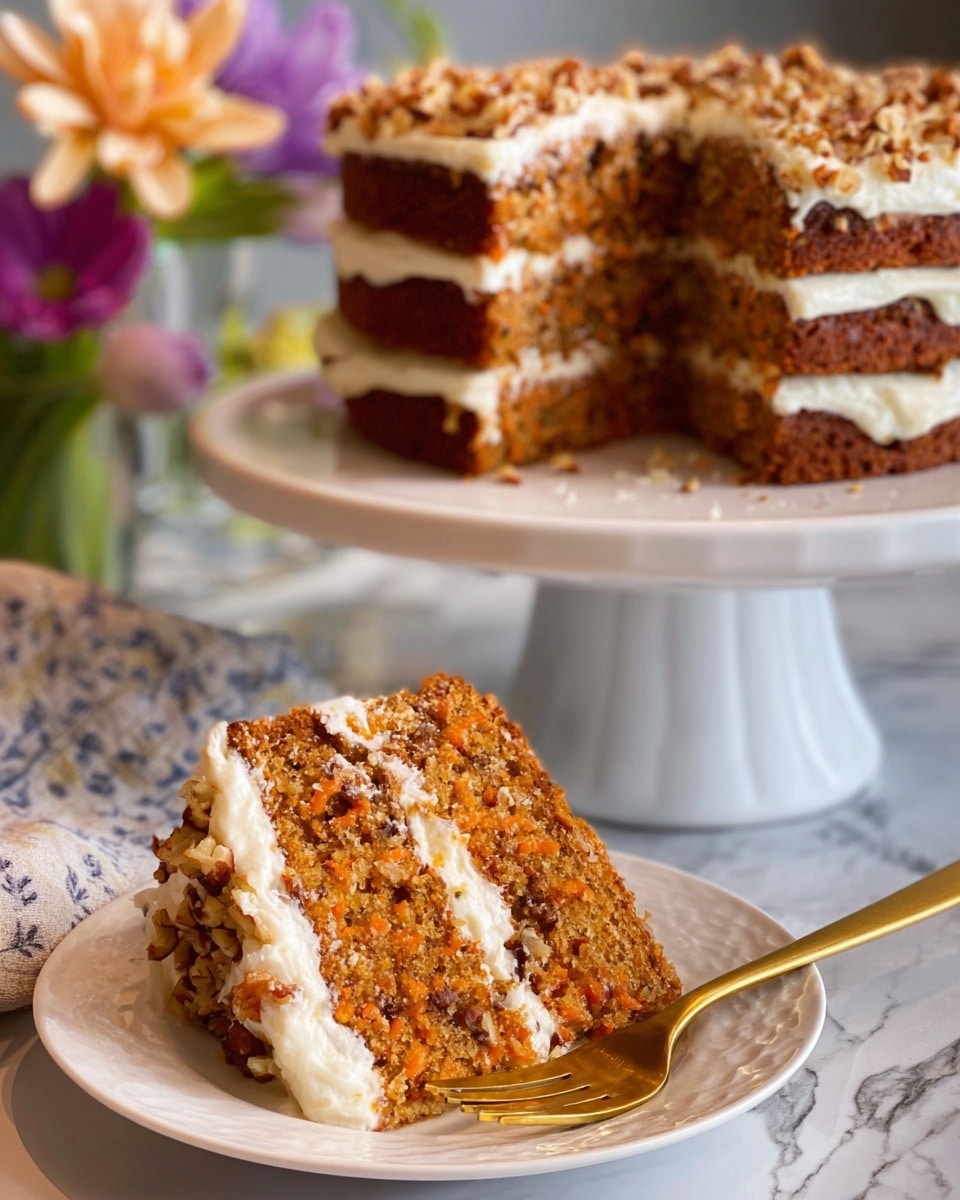 A three-layer carrot cake is shown, each layer is brown with visible bits of carrot and nuts, separated by thick white cream cheese frosting. The top layer is fully covered with cream cheese frosting and sprinkled with chopped nuts. A single slice of the cake is placed on a white plate in front, showing the layers clearly with the same frosting between them. A gold fork rests on the edge of the plate. The cake stands on a white cake stand, and the background has out-of-focus flowers and a white marbled surface underneath. photo taken with an iphone --ar 4:5 --v 7