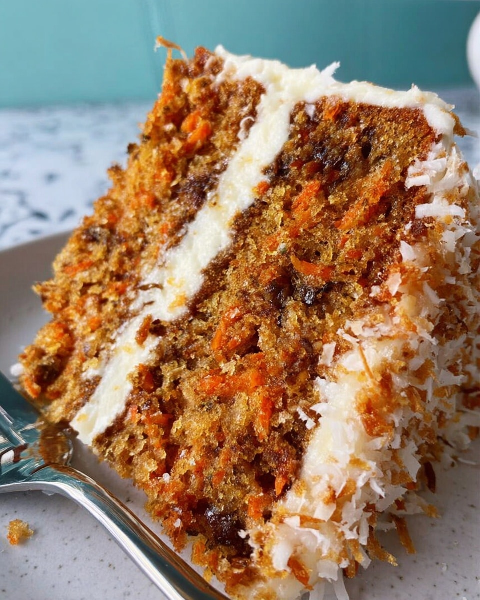 A close-up image of a thick slice of carrot cake on a white plate resting on a white marbled surface, showing two visible layers of moist, textured cake filled with bits of grated carrot and raisins, separated by a thin layer of creamy white frosting with shredded coconut mixed in, the outer edges also coated in the same frosting. A fork is placed on the left side of the plate, with the turquoise blue out-of-focus background behind the cake. Photo taken with an iphone --ar 4:5 --v 7