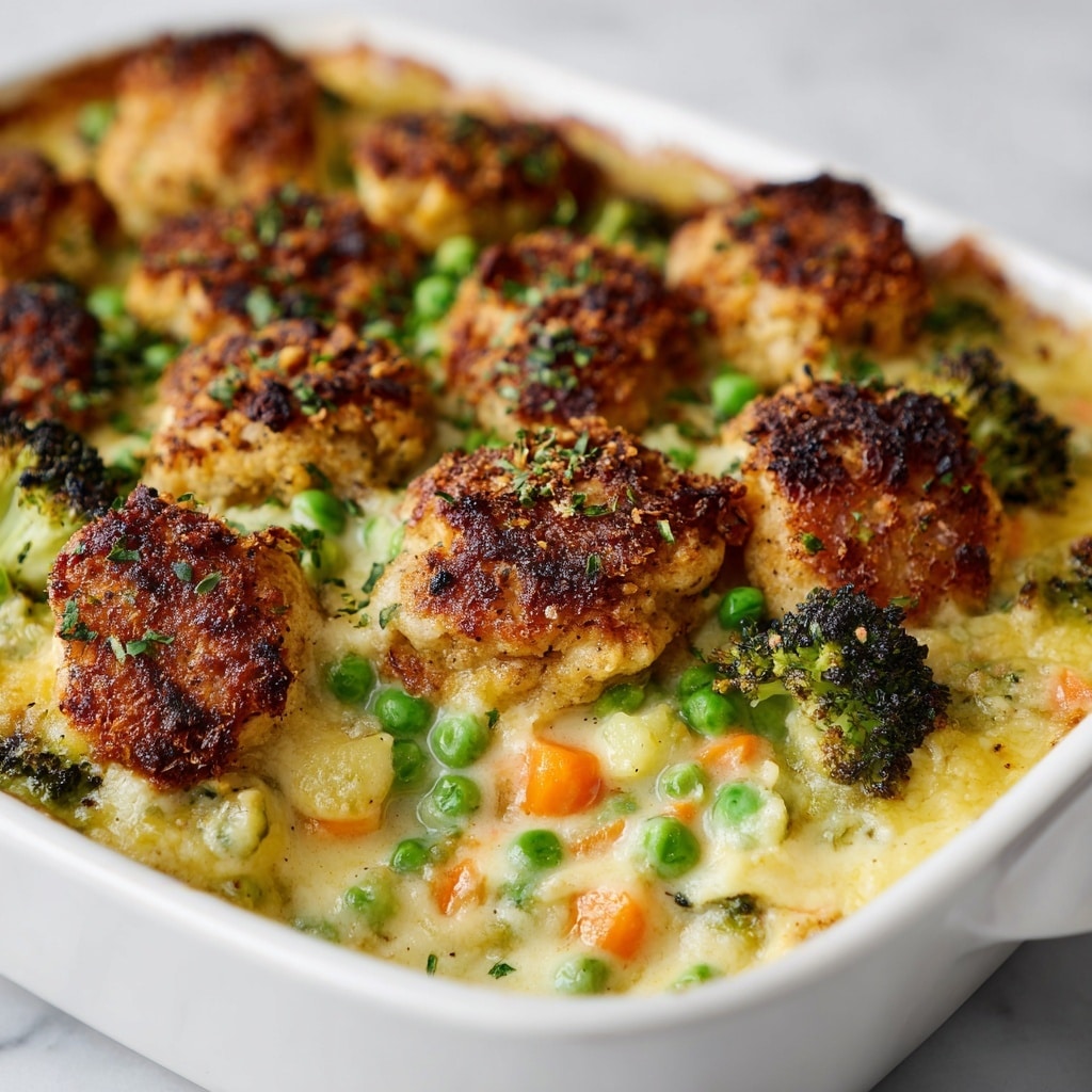 A white dish filled with a baked casserole showing about three layers: the top layer has golden brown, crispy baked breadcrumb pieces scattered over creamy, lightly browned chicken chunks, the middle layer is a creamy sauce with visible green peas and pieces of orange carrot, and the bottom layer has bright green broccoli florets partially submerged in the sauce. The textures are creamy mixed with crunchy from the browned crumbs on top, with colors of golden brown, creamy white, bright green, and orange visible throughout the dish, all against a white marbled surface. Photo taken with an iphone --ar 4:5 --v 7