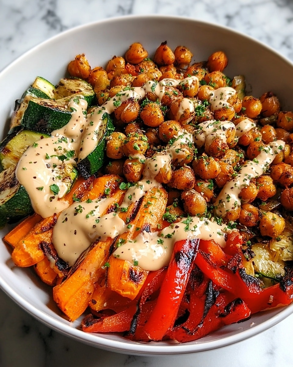 A white bowl filled with a colorful dish showing three main layers, starting with a base of roasted chickpeas that are golden-brown and slightly crispy. The middle layer has roasted orange sweet potato chunks and green zucchini slices, both with some charred edges. The top layer is drizzled with a creamy beige sauce sprinkled with chopped green herbs and black pepper, adding texture and freshness to the mix. The bowl is set on a white marbled surface. Photo taken with an iphone --ar 4:5 --v 7