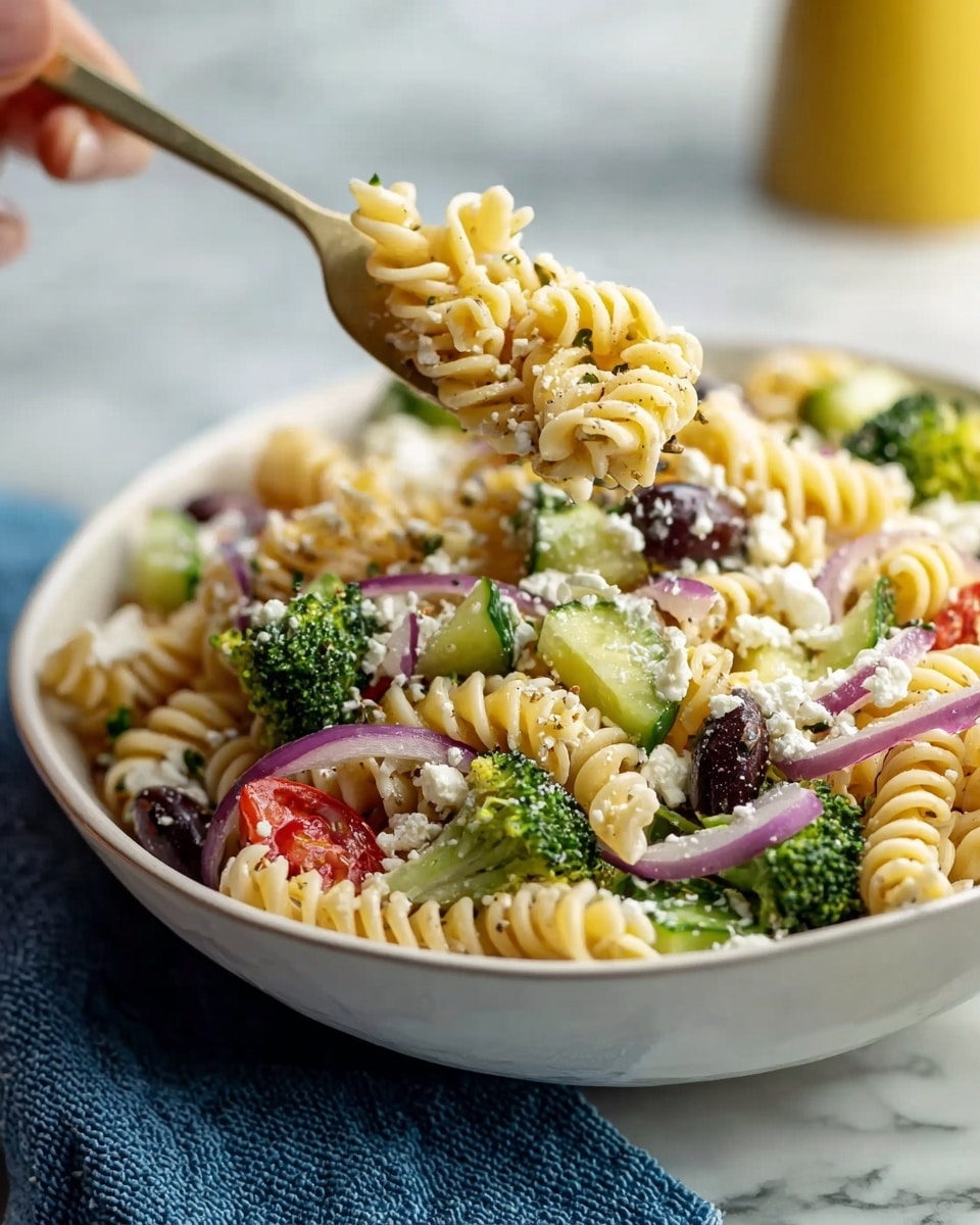 The image shows a white bowl filled with three layers of food. The bottom layer is rotini pasta, pale yellow and twisted, filling the bowl mostly. Mixed inside are chunks of various vegetables: bright green broccoli florets, vibrant red cherry tomatoes, dark purple olive pieces, and light green cucumber slices. There are thin strips of purple onion scattered around, and small crumbles of white feta cheese spread over everything. A fork holds a bite with pasta, broccoli, and cherry tomato hovering above the bowl. The bowl sits on a white marbled surface with a blurred yellow sauce container in the background. photo taken with an iphone --ar 4:5 --v 7