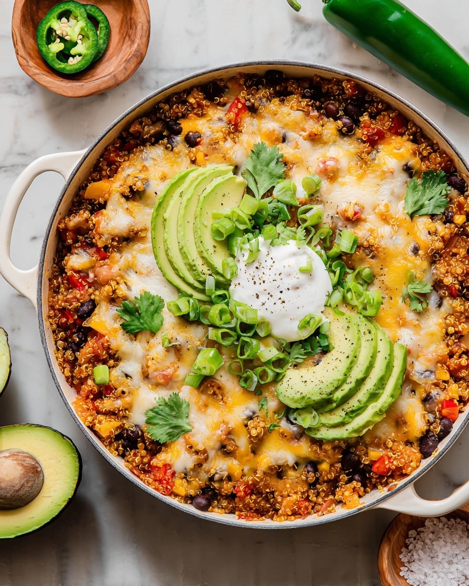A white bowl sits on a light wooden board with a red cloth underneath, filled with a colorful quinoa salad. The bottom layer is mixed quinoa with black beans and small chopped orange and red vegetables. On top of the quinoa, there is a layer of melted light cheese. Next, a thin, fanned slice of green avocado rests on the left side. Finally, a dollop of white sour cream with small green herb pieces finishes the dish in the center. A gold-colored fork is placed inside the bowl on the right side. The scene is set on a white marbled surface with a small wooden bowl of sea salt and a white plate of chopped green herbs nearby, along with a transparent amber-colored glass. photo taken with an iphone --ar 4:5 --v 7