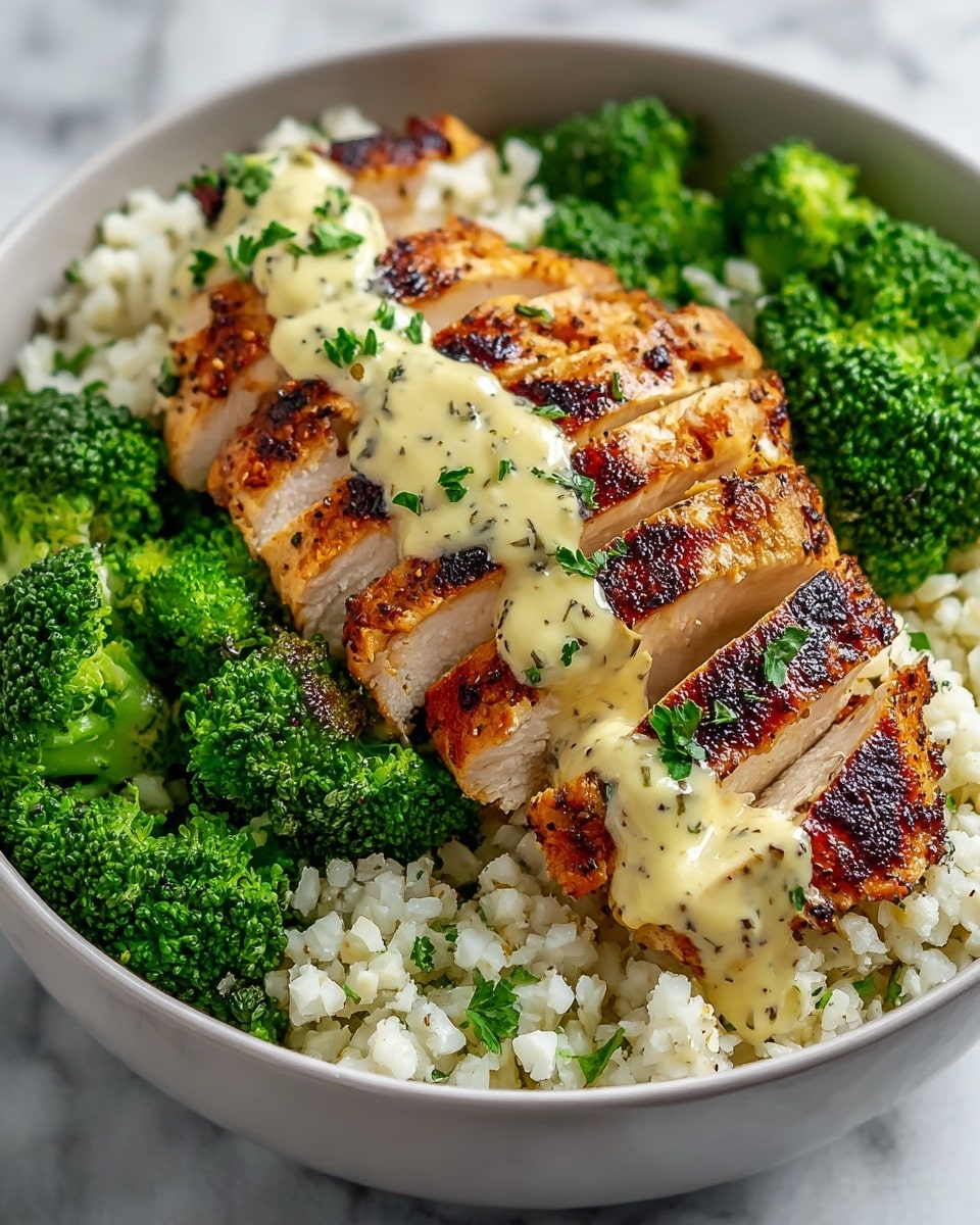 The dish shows a white bowl filled with three main layers. The bottom layer consists of small, fluffy white cauliflower rice grains spread evenly. On top of this is a layer of bright green, fresh broccoli florets arranged neatly around the bowl's edge. The top layer features slices of grilled chicken breast with visible char marks; the chicken is light brown with darker grill lines and a juicy texture. A creamy white sauce with black pepper flakes and chopped green herbs is drizzled over the chicken slices in a line down the middle, adding contrast to the colors. The bowl sits against a white marbled texture. photo taken with an iphone --ar 4:5 --v 7