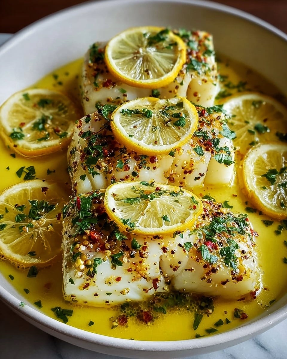 A white bowl holds three thick white fish fillets with a soft, tender texture. Each fillet is topped with a thin bright yellow lemon slice and sprinkled with finely chopped green herbs and coarse black and red spices. More lemon slices float in a glossy, yellow buttery sauce that fills the bowl around the fillets. The scene is set on a white marbled surface with warm lighting highlighting the fresh, vibrant colors of the dish. photo taken with an iphone --ar 4:5 --v 7