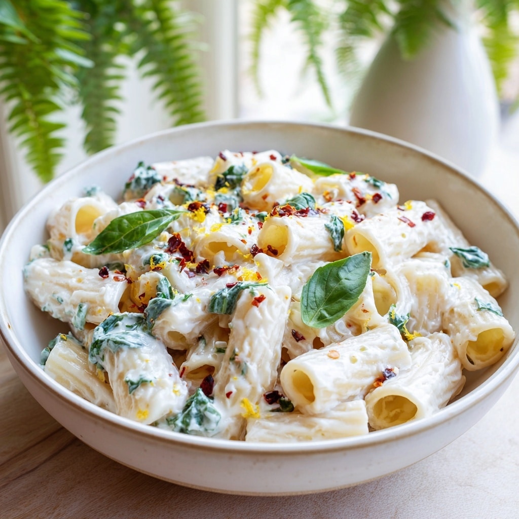 A white bowl filled with rigatoni pasta coated in a creamy white sauce, topped with scattered small green basil leaves and red chili flakes. The pasta pieces are short, ridged tubes, some partially covered in white sauce with a creamy texture. There are small bits of grated cheese and tiny yellow lemon zest shavings lightly sprinkled throughout. The bowl is placed on a light wooden surface with a soft focus background showing green fern leaves and a white vase. photo taken with an iphone --ar 4:5 --v 7