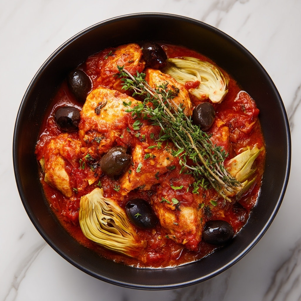This dish shows a close-up of a stew served in a white bowl with a dark inside. The stew has large white chicken pieces as the base layer, covered by a thick red tomato sauce with visible chunks of tomatoes and onions. On top of this, there are dark purple olives scattered around and several light green artichoke hearts, some sliced showing their soft texture. Fresh green thyme leaves are sprinkled across the top for garnish. The background is a white marbled texture. photo taken with an iphone --ar 4:5 --v 7