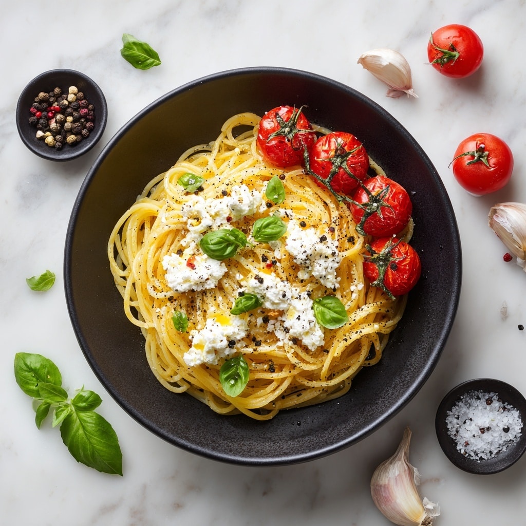 The image shows a black bowl filled with neatly coiled pale yellow pasta arranged in a circular pattern, creating a base layer. On one side, a cluster of bright red cherry tomatoes on the vine sit fresh and shiny. The pasta is topped with white crumbles of cheese scattered mainly in the center, along with a drizzle of golden olive oil and flecks of dark ground pepper and chopped green herbs. The bowl rests on a white marbled surface with scattered whole peppercorns, fresh basil leaves, garlic cloves, and some coarse salt in small wooden bowls nearby. photo taken with an iphone --ar 4:5 --v 7