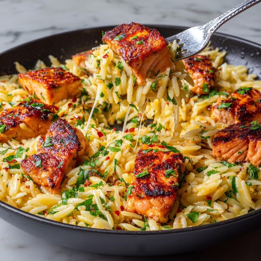A close-up of a black pan filled with creamy, orange-yellow orzo pasta mixed with finely chopped green herbs and small bits of red seasoning. On top, there are five pieces of golden-brown, grilled salmon chunks with crispy edges, evenly spaced on the pasta. One piece of salmon and a bunch of orzo are being lifted with a shiny silver fork from the right side. The dish glistens with a light oily sheen, and some melted cheese strings stretch from the pan to the fork. The background shows a blurred neutral tone, with the pan resting on a white marbled surface. Photo taken with an iphone --ar 4:5 --v 7