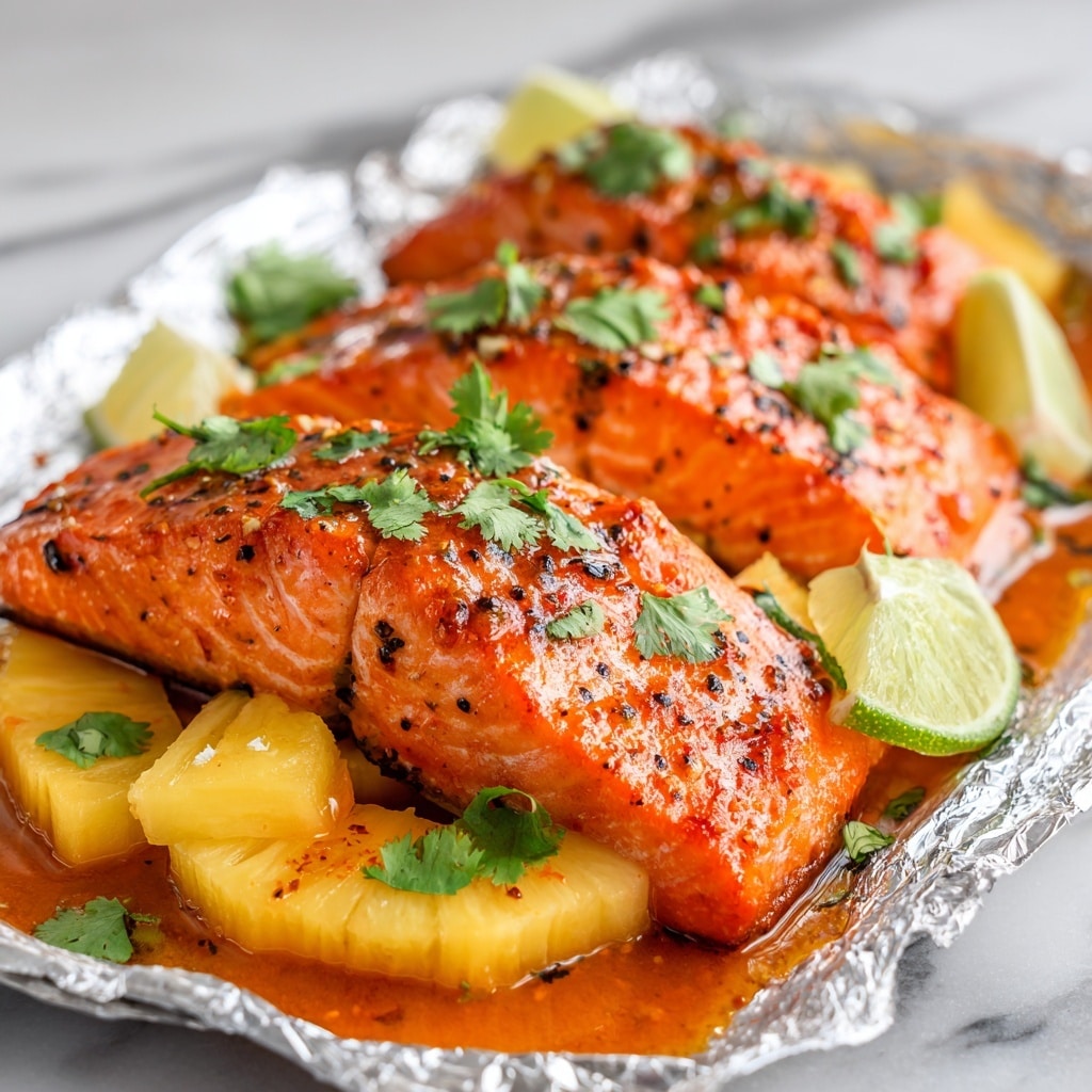 The image shows a close-up of cooked salmon fillets layered on top of sliced pineapples. The salmon is a bright orange with a slightly crispy texture and is covered in a shiny, reddish-orange sauce. Small black pepper specks and herbs are sprinkled on the salmon. Bright green cilantro leaves are scattered on top and around the fish, adding a fresh touch. There are thin lime wedges placed on the salmon, adding a pop of greenish-yellow color. The salmon and pineapples rest on a shiny foil base with small pools of sauce. The scene is set on a white marbled surface. Photo taken with an iphone --ar 4:5 --v 7