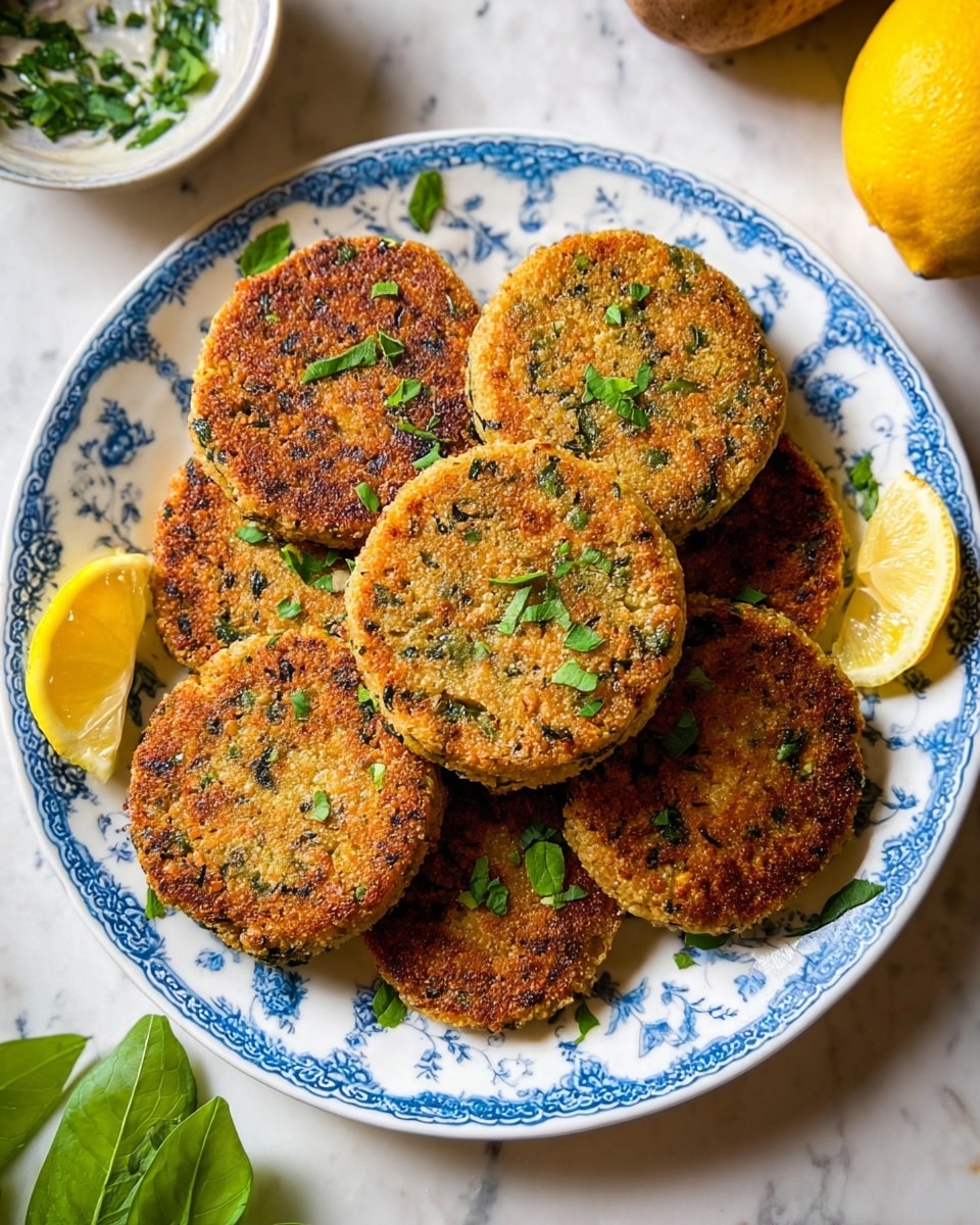 A white plate with blue floral patterns holds two layers of round lentil patties with a golden brown crust and small green herb bits on top, showing a crisp texture. The patties are arranged in a slightly overlapping circular pattern, with some herbs sprinkled on top for garnish. Around the plate, there are lemon wedges, a potato, and green leaves placed on a white marbled surface. A small white bowl with green herbs sits near the top left. Photo taken with an iphone --ar 4:5 --v 7