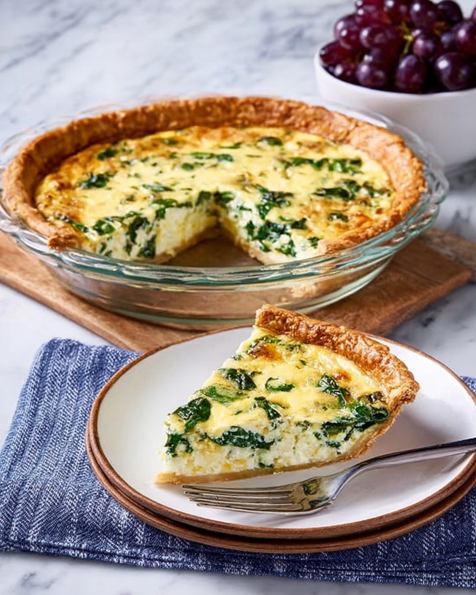 A white clear glass pie dish holds a round spinach quiche with one visible layer of golden-brown flaky crust around the edges. The filling is creamy yellow with green spinach leaves spread evenly throughout, giving a textured, soft look. The pie sits on a wooden table next to a small white bowl of purple grapes and a white plate with silver forks and knives on a blue and white striped cloth napkin. A metal pie server with a wooden handle is placed near the pie. The surface underneath is a white marbled texture. photo taken with an iphone --ar 4:5 --v 7