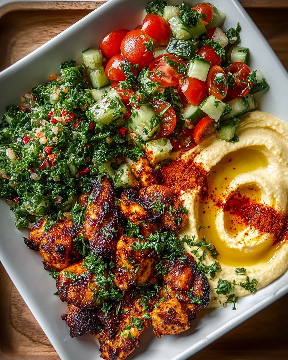 The dish is served in a white square bowl, placed on a wooden board over a white marbled texture. It has four main layers: the bottom left contains grilled chicken pieces with a golden-brown, slightly charred surface, sprinkled with chopped fresh green parsley. The top left layer features bright red cherry tomato halves mixed with more parsley. To the right of the tomatoes, there is a layer of chopped cucumber cubes, lightly sprinkled with red chili flakes and parsley. The bottom right layer shows a smooth beige hummus spread with a small well in the center filled with golden olive oil and dusted with red paprika. All ingredients are fresh and colorful, making the dish look vibrant and tasty. photo taken with an iphone --ar 4:5 --v 7