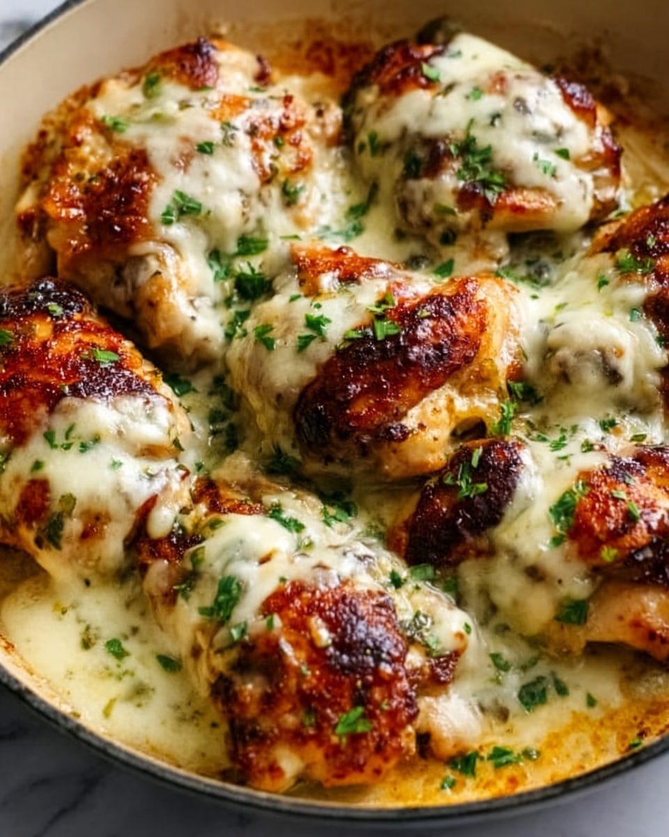 The image shows a close-up of a black skillet filled with several cooked chicken thighs covered in melted cheese. The chicken skin is golden brown with some darker charred spots, while the cheese on top is creamy yellow, oozing and slightly browned in places. Small green herb pieces are sprinkled over the cheese, adding a fresh touch. The skillet rests on a white marbled surface. The photo taken with an iphone --ar 4:5 --v 7