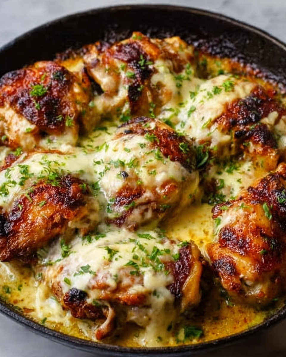 The image shows a close-up of cooked pieces of chicken in a white skillet, each piece topped with melted, creamy cheese slightly browned on top and garnished with small green herbs. The chicken has a golden-brown, slightly crispy texture with some darker sear marks. The cheese layer looks thick and gooey, covering the top of each chicken piece unevenly. Around the edges of the skillet, there are small bits of herbs sprinkled, adding contrast to the white melted cheese and golden meat. The background is a white marbled surface. Photo taken with an iphone --ar 4:5 --v 7