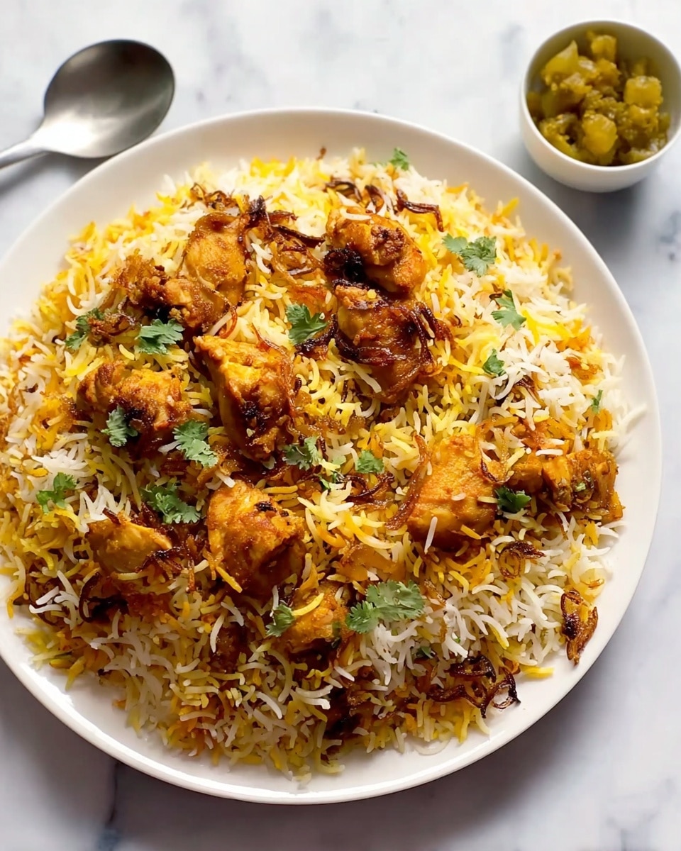 A close-up image of a plate of biryani with fluffy, long grains of yellow and white rice mixed with small browned pieces and garnished with bright green herb leaves scattered on top. Nestled within the rice are tender pieces of orange-brown chicken with a slightly crispy charred surface. A spoon holds a bite-sized piece of chicken and rice above the plate, showing the texture of the cooked grains and the moist chicken underneath a hint of herbs. The plate is plain white, set on a white marbled surface with a blurred white bowl of sauce in the background. photo taken with an iphone --ar 4:5 --v 7
