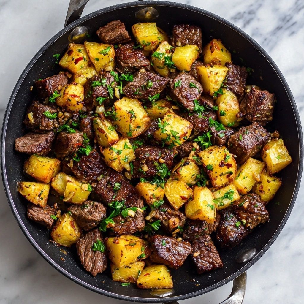 This image shows a close-up of a cooked dish in a black pan, filled mostly with two main layers mixed together. The first layer consists of golden brown potato pieces, cut into small chunks with a slightly crispy outer texture. The second layer has tender, browned pieces of beef, cut into bite-sized chunks with a juicy and slightly charred look. Scattered lightly on top of the meat and potatoes are small pieces of green parsley, adding a fresh pop of color. The dish has a rustic, hearty appearance and is presented on a white marbled texture background. photo taken with an iphone --ar 4:5 --v 7