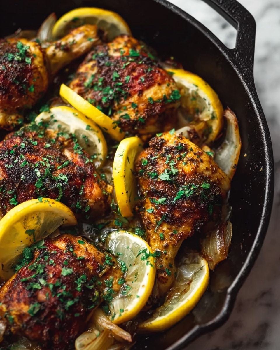 A close-up view of a black cast iron pan filled with several golden-brown cooked chicken pieces seasoned with green herbs scattered on top, alongside caramelized white onion wedges. Thin lemon slices, some positioned upright and others laid flat, are placed throughout, adding a bright yellow contrast. The chicken has a slightly crispy texture with visible spice rubs. The whole setting is shown from a slightly top angle with a warm light that enhances the rich colors of the food. The pan rests on a white marbled surface. photo taken with an iphone --ar 4:5 --v 7