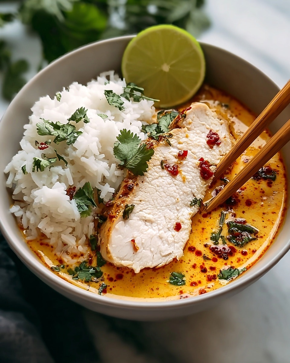 A white bowl filled with two main parts: on the left half, soft white rice with small green cilantro leaves scattered on top; on the right half, creamy orange soup with red chili oil drops and green herb pieces floating around. A large piece of sliced white chicken breast rests partly submerged in the soup, held by two brown wooden chopsticks with a smooth texture. Behind the chicken, two thick lime slices lean against the rice, adding a fresh green color. The bowl is set on a white marbled surface with a blurred green garnish in the background. Photo taken with an iphone --ar 4:5 --v 7