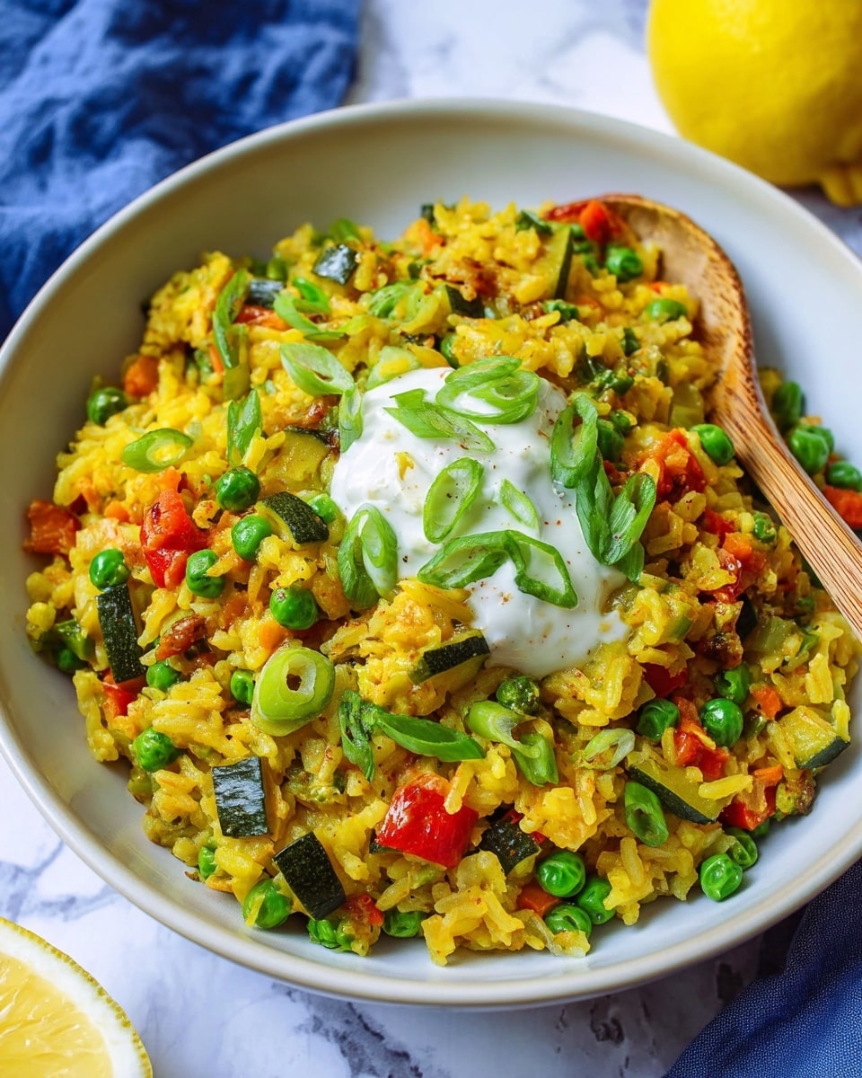 A white bowl filled with a colorful vegetable rice dish, featuring yellow rice mixed with bright green peas, dark green zucchini pieces, and red bell pepper cubes. The dish has a scoop of creamy white sauce on top, garnished with chopped green onions. A light brown chopstick rests on the edge of the bowl. The bowl sits on a white marbled surface with a blue cloth nearby and a yellow lemon partially visible in the background. photo taken with an iphone --ar 4:5 --v 7
