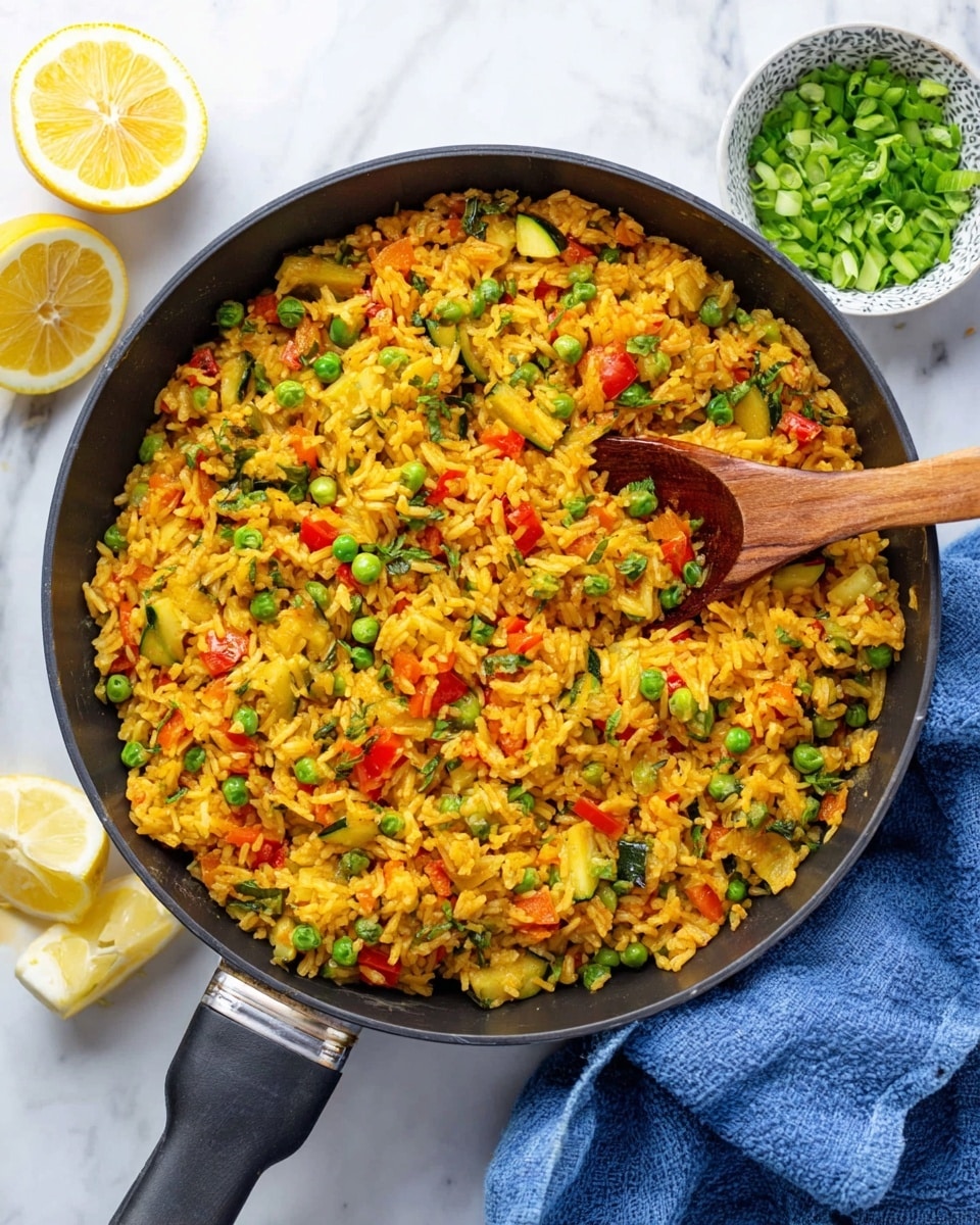A close-up view of a black pan filled with cooked yellow rice mixed with small green peas, diced red bell peppers, and pieces of zucchini, creating a colorful and textured dish. On top of the rice mixture, a wooden spoon rests partially submerged, showing some grains and vegetables stuck to it. To the side of the pan, there are two lemon halves placed on a white marbled surface along with a small bowl filled with chopped green onions, and a blue cloth napkin is positioned near the pan handle. The overall setting is bright with vibrant colors and a fresh look, photo taken with an iphone --ar 4:5 --v 7
