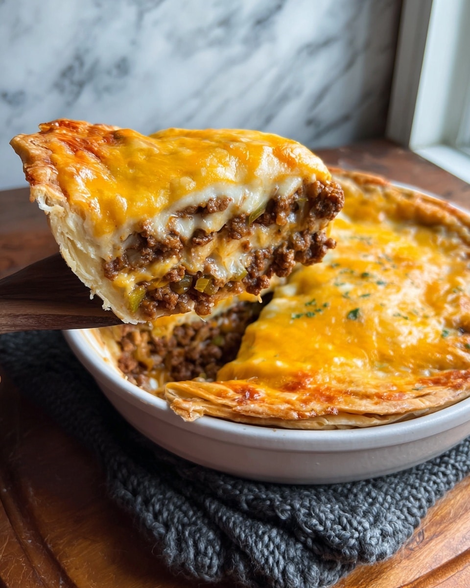 A slice of pie is being lifted out of a white bowl, showing four layers inside: the bottom crust is light brown and firm, above it is a thick layer of cooked ground meat mixed with bits of vegetables, followed by a layer of melted cheese that is creamy white, and the top layer is golden melted cheese with a glossy, slightly browned texture. The bowl rests on a knitted dark gray cloth on a wooden surface with a white marbled texture background. Photo taken with an iphone --ar 4:5 --v 7