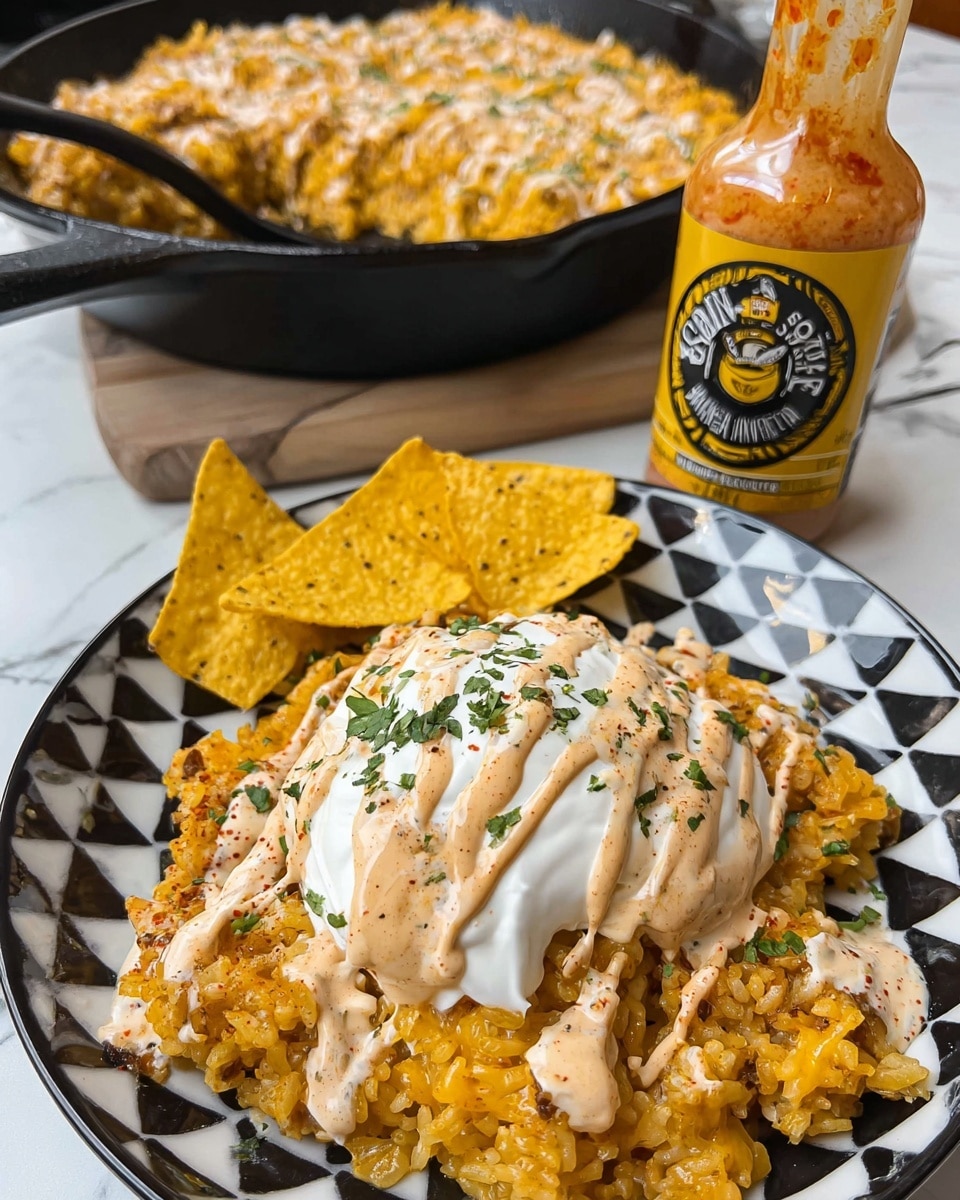 A white plate with black checkered pattern holds a warm cheesy rice dish topped with a large dollop of white sour cream drizzled with creamy orange southwestern ranch sauce and sprinkled with green herbs. Around the rice are several yellow, crunchy tortilla chips standing up. In the background, a black cast iron skillet is filled with the same cheesy rice dish, and a bottle of southwestern ranch sauce with a black and yellow label stands to the right on a white marbled surface photo taken with an iphone --ar 4:5 --v 7