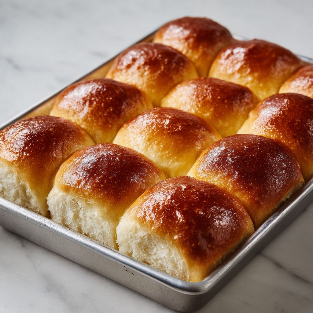 A metal baking pan filled with 12 soft bread rolls arranged in a 4 by 3 grid, each roll having a shiny golden brown top with a smooth, slightly glossy texture, and light fluffy white sides pressed close together. The pan sits on a white marbled surface, and soft natural light highlights the warm, fresh look of the buns, making their crusts look slightly crisp but still tender photo taken with an iphone --ar 4:5 --v 7