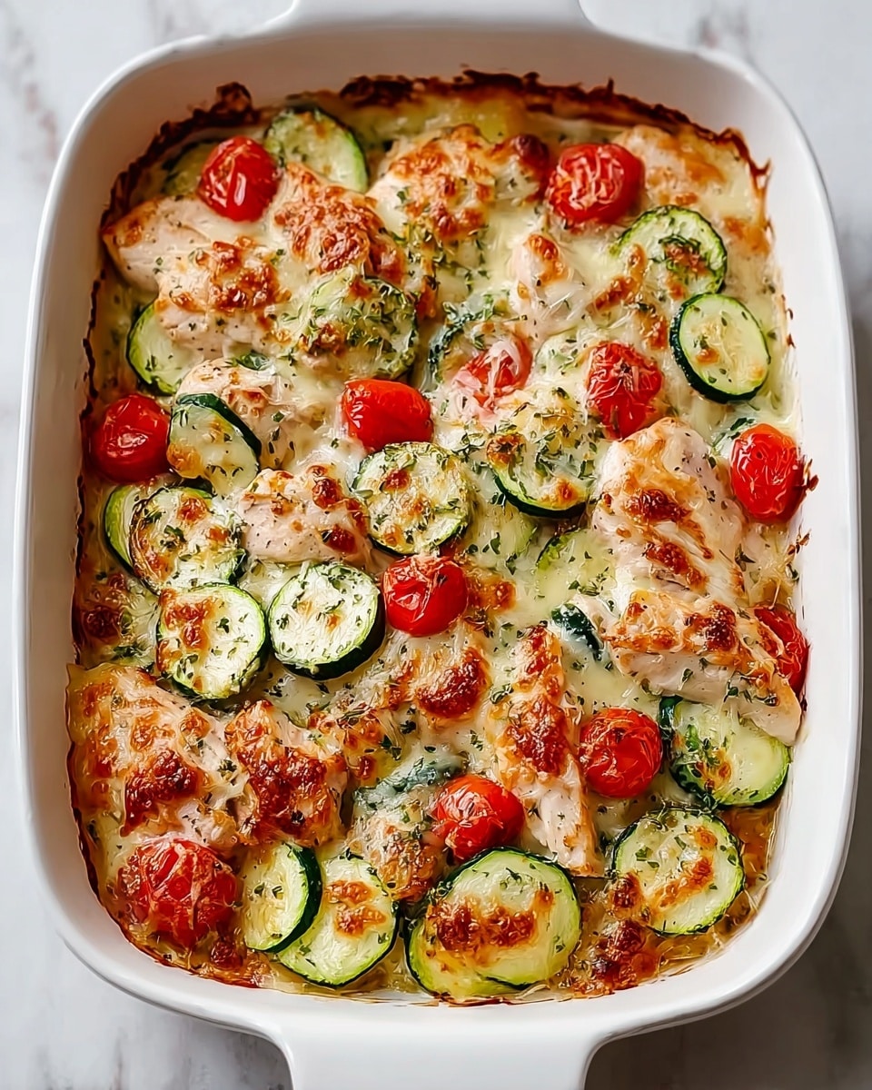 The dish is baked in a white rectangular casserole dish filled with several pieces of chicken breasts as the base layer, topped with slices of bright green zucchini and red tomato halves evenly spread on top. The entire dish is covered with melted golden brown cheese that has a bubbly, slightly crispy texture, sprinkled with green herbs throughout. The edges of the casserole dish show browned baked spots, and the sauce underneath looks creamy and rich. The background is a white marbled texture. photo taken with an iphone --ar 4:5 --v 7