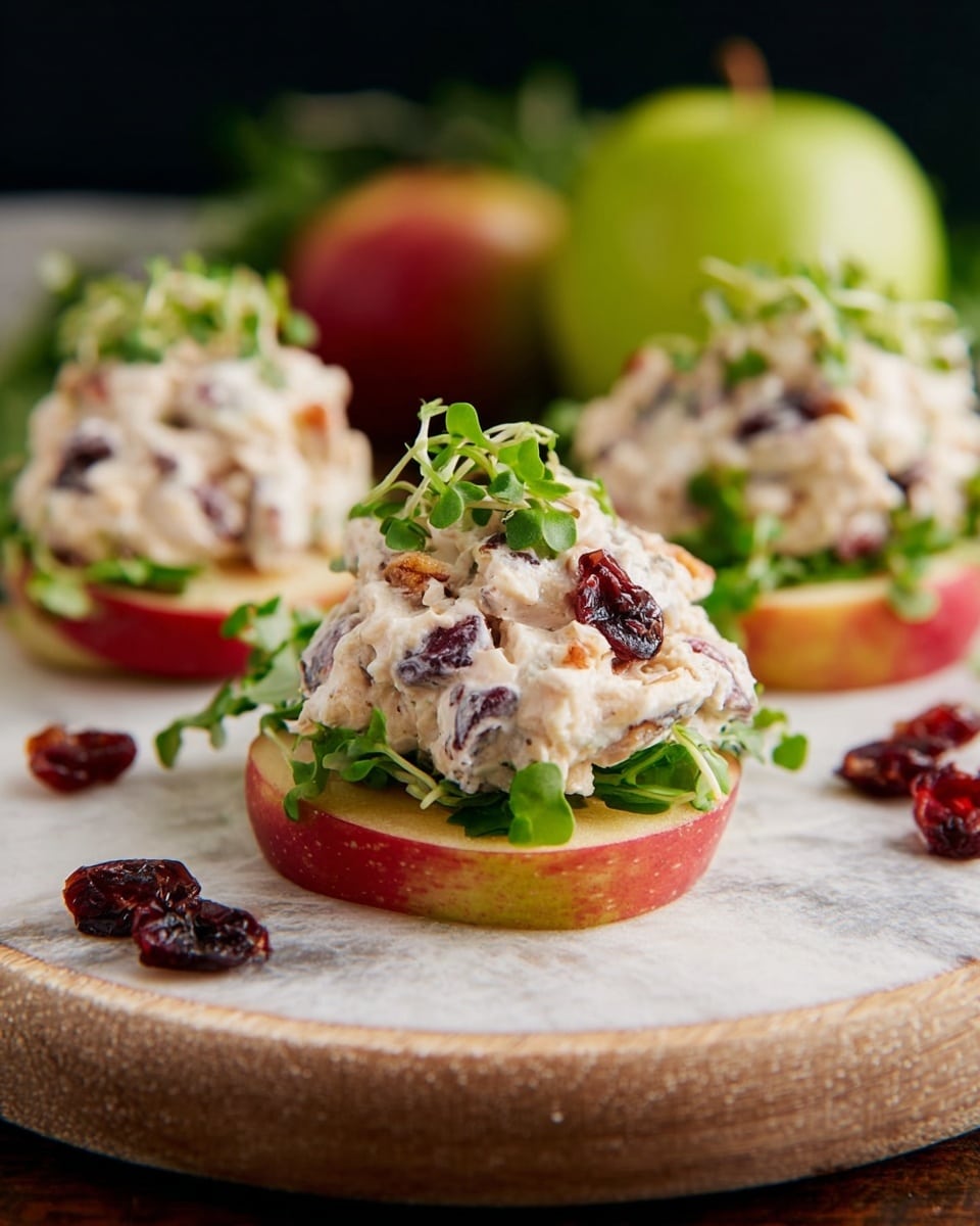 A sandwich cut in half and stacked, held together by a skewer with a looped top, sits on a white plate. The sandwich has three layers of brown whole grain bread with a rough texture. Between the bread layers, there is a thick filling made of creamy white chicken salad mixed with small chunks of light yellow apple, red dried cranberries, and green celery pieces. Below the chicken salad, there are fresh dark green leafy spinach leaves creating a crisp layer. The sandwich rests on a white marbled surface with scattered red dried cranberries and light brown almond slices nearby. Photo taken with an iphone --ar 4:5 --v 7