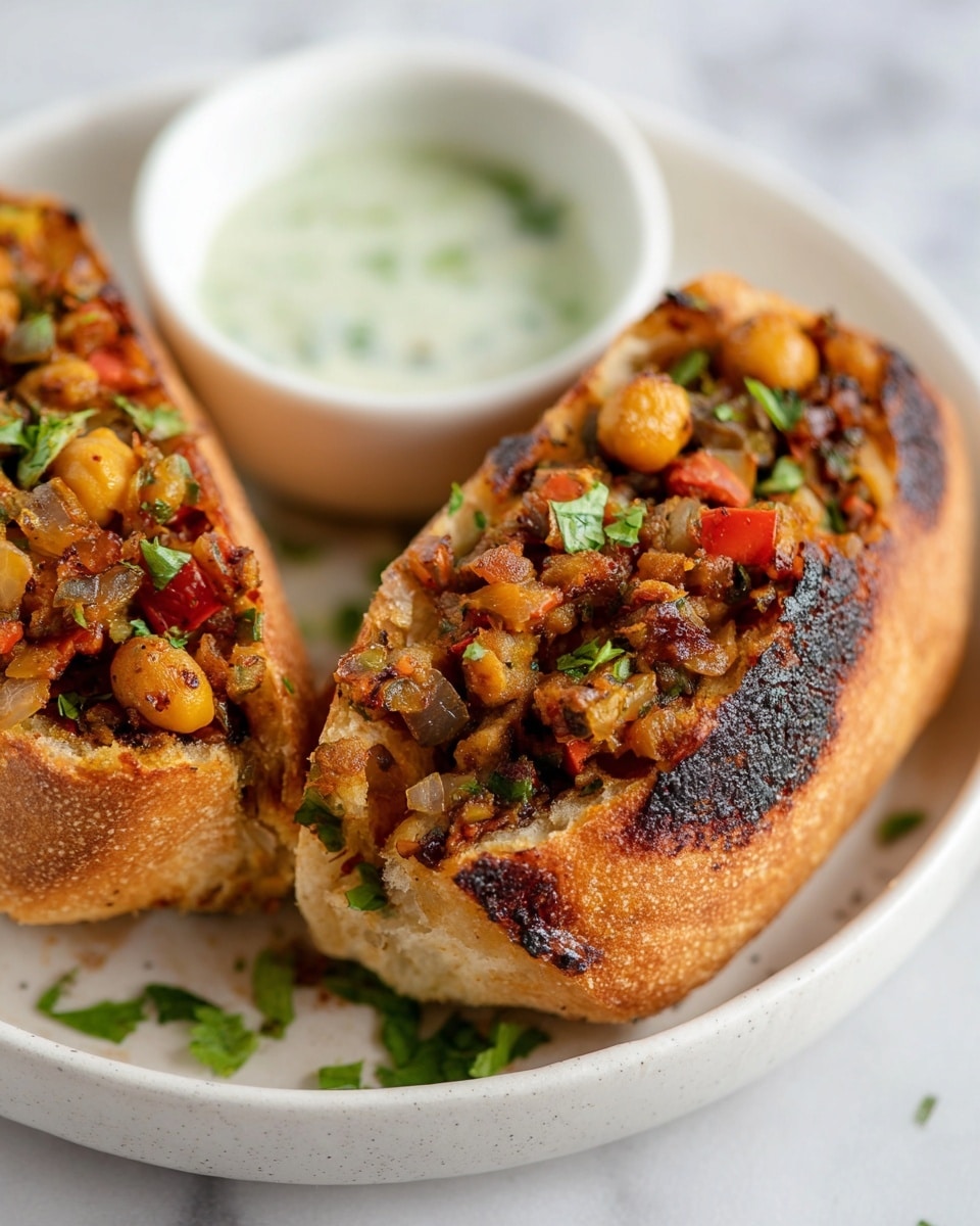 Two cut-in-half, grilled pita pockets with a golden brown, slightly charred crust sit on a white speckled plate. Inside, the filling shows a mix of orange lentils, yellow corn, red bell peppers, and green herbs, all cooked together with a slightly crisp texture. Fresh green cilantro leaves are sprinkled over the pita and the plate. Next to the pockets is a small white bowl filled with a light green creamy sauce, also topped with cilantro pieces. The plate rests on a white marbled surface. photo taken with an iphone --ar 4:5 --v 7