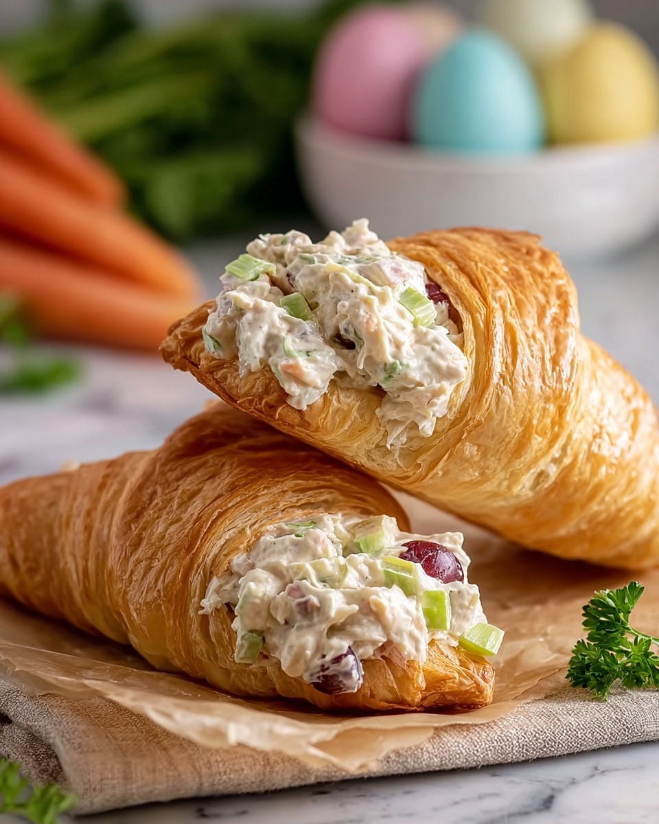 The image shows four golden brown croissants, each filled with a creamy chicken salad mixed with small purple grapes and bits of celery. The salad is topped with a bunch of fresh, bright green parsley, sticking out like a leafy garnish from the croissants’ open ends. The croissants are laid on a light brown parchment paper, which rests on a white marbled surface, with some scattered parsley leaves around. In the top right corner, a white bowl filled with plump, purple grapes sits next to a few whole orange carrots. The whole setup gives a fresh and inviting look, with natural colors and textures. photo taken with an iphone --ar 4:5 --v 7