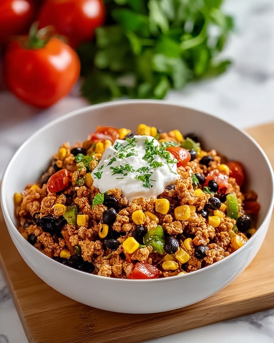 A white bowl filled with a layered ground meat mixture that has a light brown color and a crumbly texture, mixed with bright yellow corn kernels and black beans scattered evenly throughout. There are small chunks of red tomatoes and green bell peppers mixed in, adding pops of red and green colors. On top, there is a dollop of white sour cream garnished with small green cilantro leaves. The bowl rests on a wooden board over a white marbled texture surface, with a blurred background of green herbs and red tomatoes. photo taken with an iphone --ar 4:5 --v 7