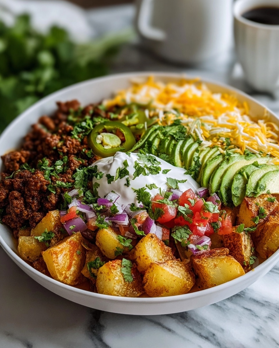A white bowl filled with crispy golden roasted potato chunks spread evenly at the base, topped with a layer of seasoned browned ground beef on one side and vibrant chopped pico de gallo made of red tomatoes, white onions, and green jalapeño slices on the next side. Above these sits a smooth dollop of white sour cream garnished with chopped green cilantro. To one side of the sour cream, there is a colorful pile of finely shredded yellow and white cheddar cheese. On the opposite side, layers of thinly sliced green avocado are fanned out neatly. The dish is finished with a sprinkling of fresh green cilantro leaves across the top, and the bowl is placed on a white marbled surface. Photo taken with an iphone --ar 4:5 --v 7