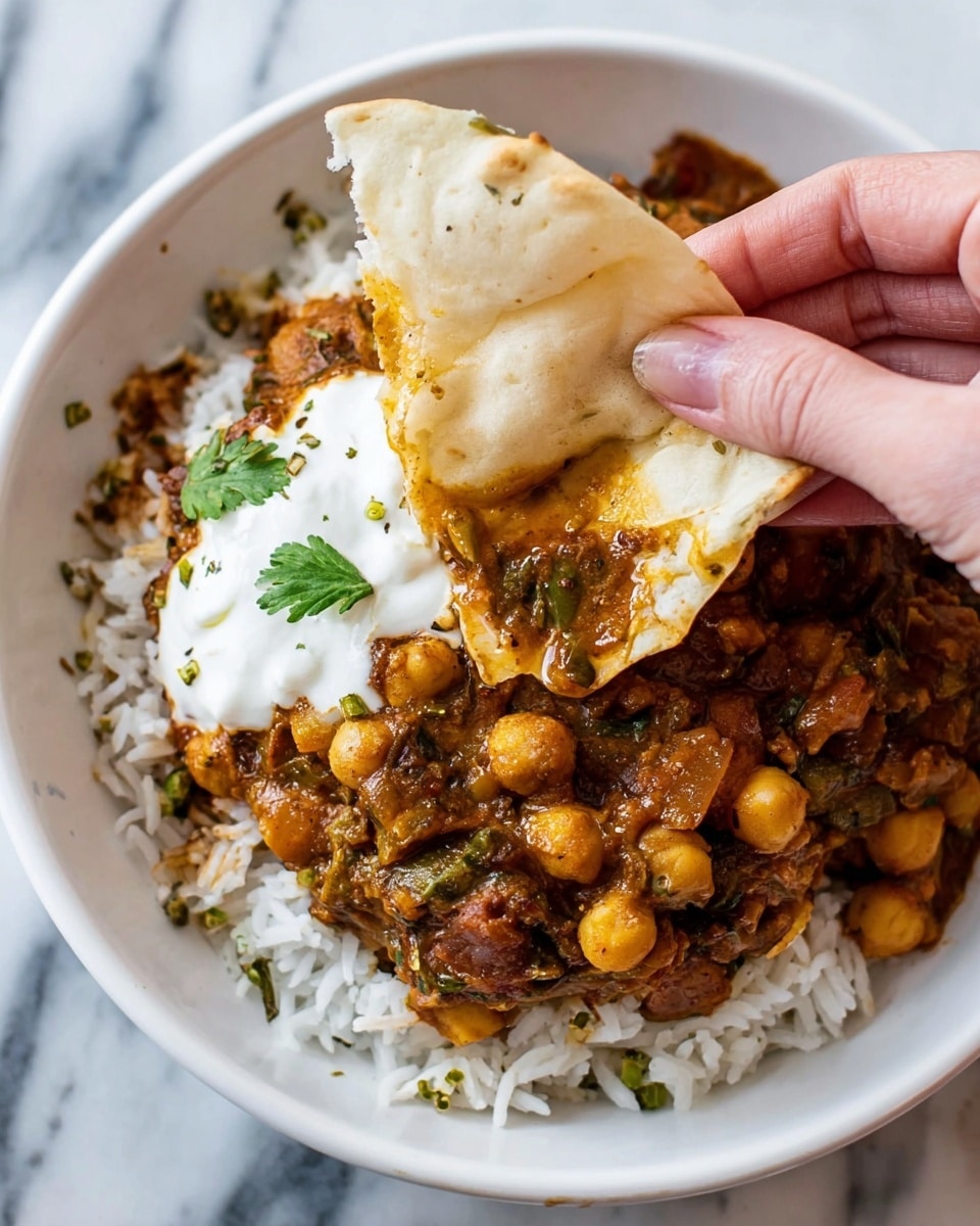 The image shows a close-up of a thick stew filled with soft chunks of potato and round chickpeas in a rich reddish-brown sauce. The sauce has a slightly glossy texture and small bits of herbs and vegetables like onions and green leaves are visible mixed throughout. A wooden spoon is partially submerged on the right side, giving a sense of depth and texture to the hearty stew. The pot edges are slightly stained, showing the stew has been slowly cooked. The background is a white marbled surface. photo taken with an iphone --ar 4:5 --v 7